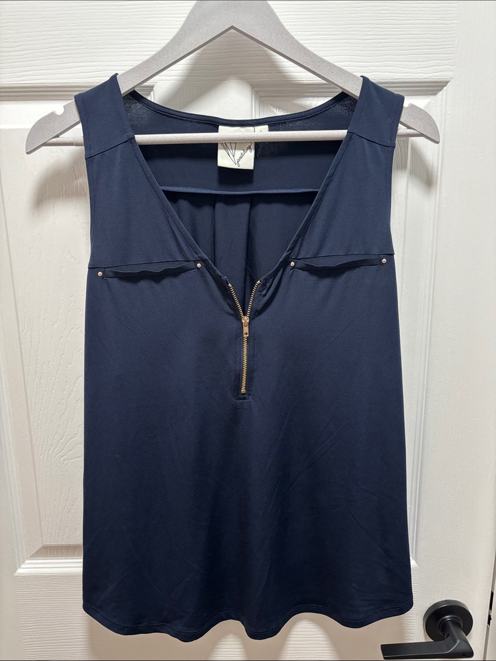 Women's Navy Sleeveless V-Neck Top with Gold Zip